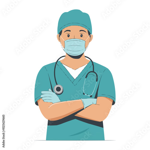 A confident vector doctor wearing a surgical mask stands with arms crossed