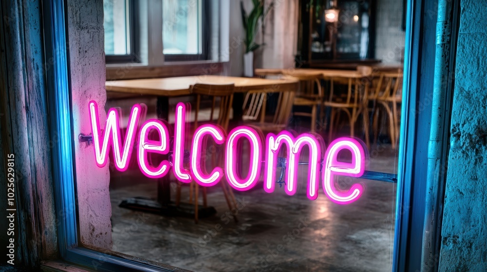 Neon welcome sign in a cozy cafe Neon welcome sign in a cozy cafe
