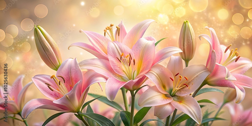 Fototapeta premium Delicate pink lilies with delicate petals and yellow centers, bathed in warm golden light, showcasing a soft, dreamy atmosphere