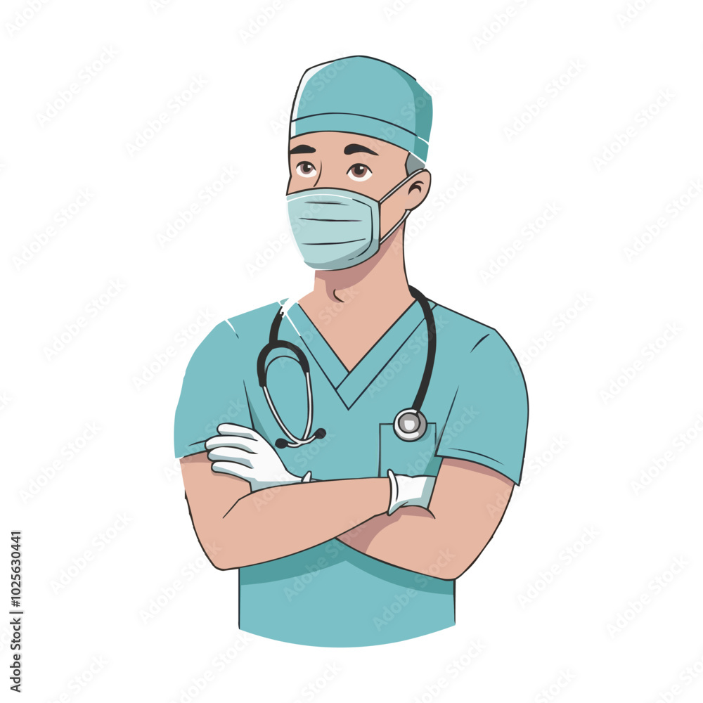 A confident vector doctor wearing a surgical mask stands with arms crossed A confident vector doctor wearing a surgical mask stands with arms crossed