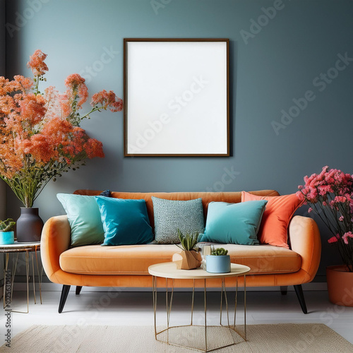 Eclectic mix bold cushion patterns and fresh flowers in a unique sofa setup photo