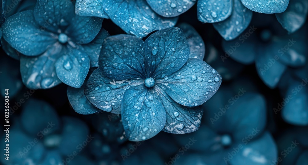 Closeup of blue hydrangea flowers with water droplets Closeup of blue hydrangea flowers with water droplets