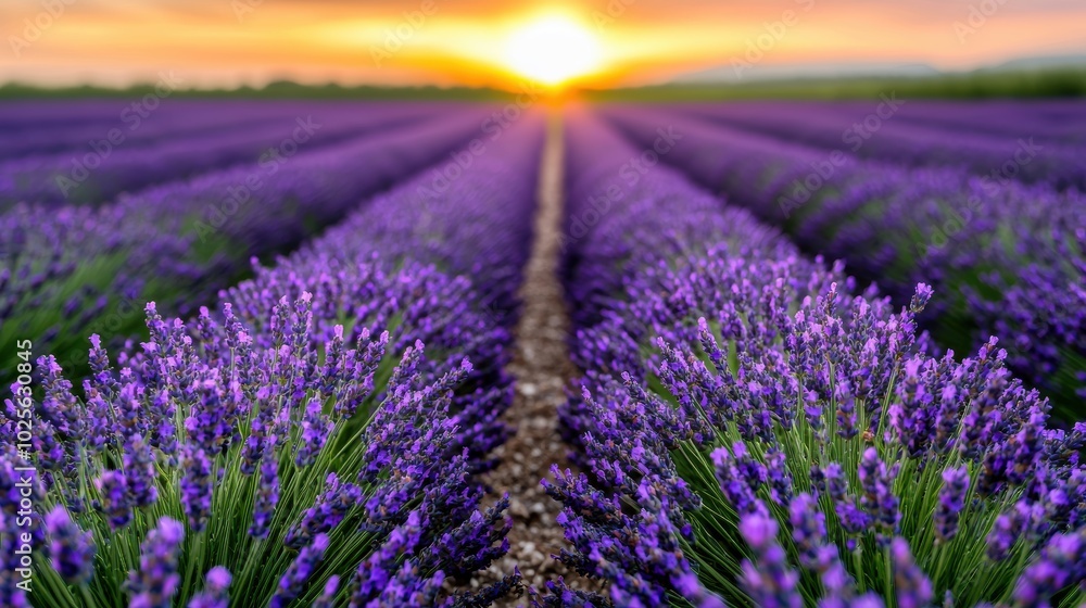 Obraz premium Stunning sunset over a lavender field