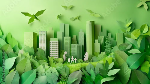 The concept of a green city and environment with a family. paper art and digital craft style.
