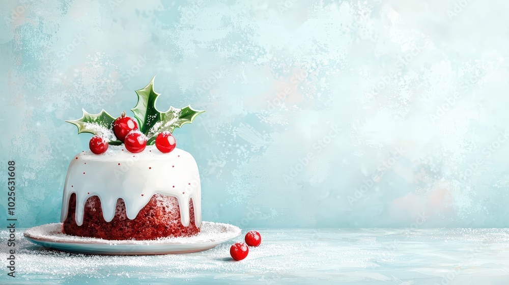 A Christmas pudding clipart, festive dessert element, digital painting, holly garnish, isolated on periwinkle background A Christmas pudding clipart, festive dessert element, digital painting, holly garnish, isolated on periwinkle background