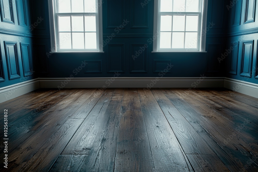 Elegant empty room with wooden floor and large windows Elegant empty room with wooden floor and large windows
