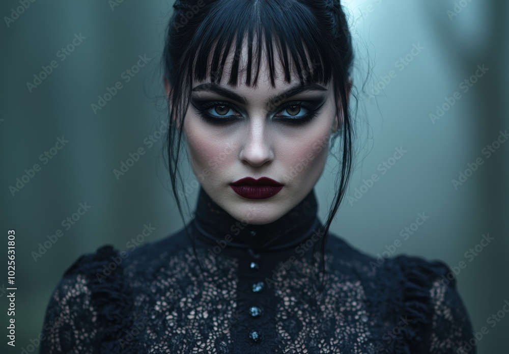 Mysterious gothic woman with dark makeup and intense expression Mysterious gothic woman with dark makeup and intense expression