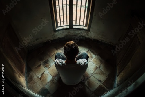 Mental health patient in isolation, with copy space