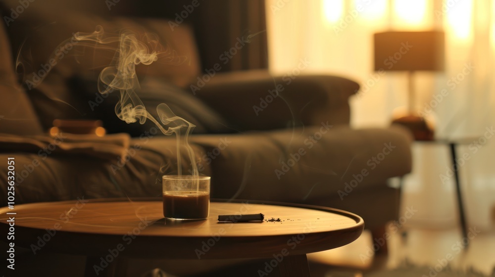 Obraz premium A Glass of Dark Liquid with Smoke Rising on a Wooden Table