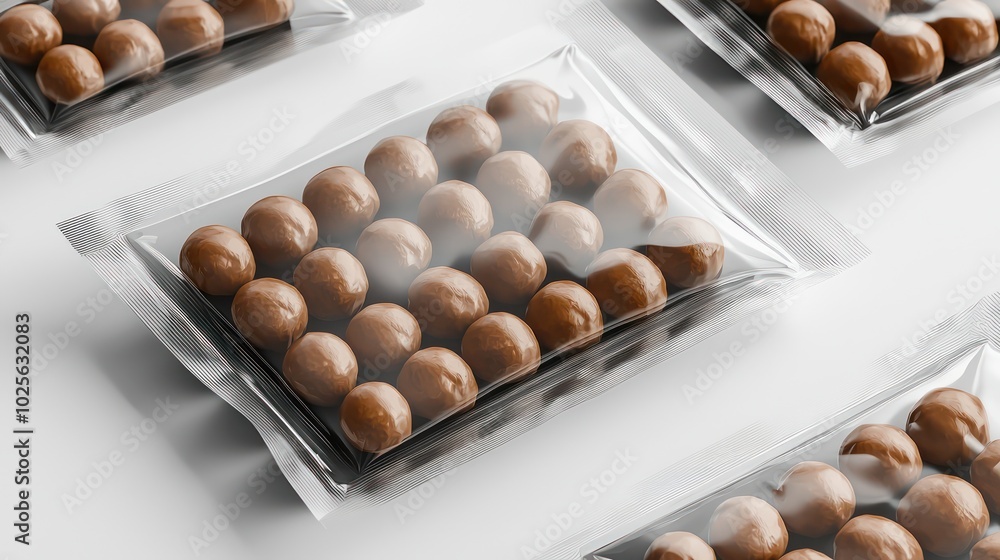 Blank macadamia packaging in 3D, with transparent window for branding. Blank macadamia packaging in 3D, with transparent window for branding.