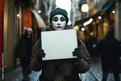 Mime artist holding blank invisible sign, with copy space photo