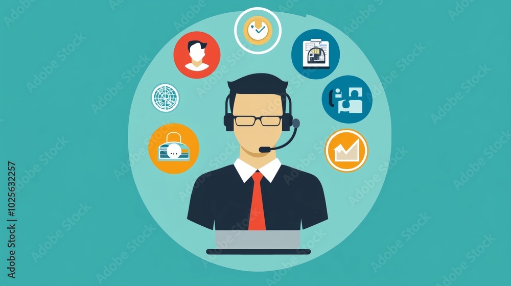 Technical support flat illustration. Man with icons. Technical support flat illustration. Man with icons.