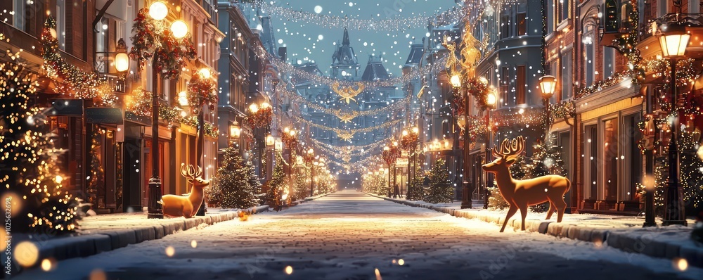 Main street banner mockup for the holidays with deer figures and lights,. Main street banner mockup for the holidays with deer figures and lights,.