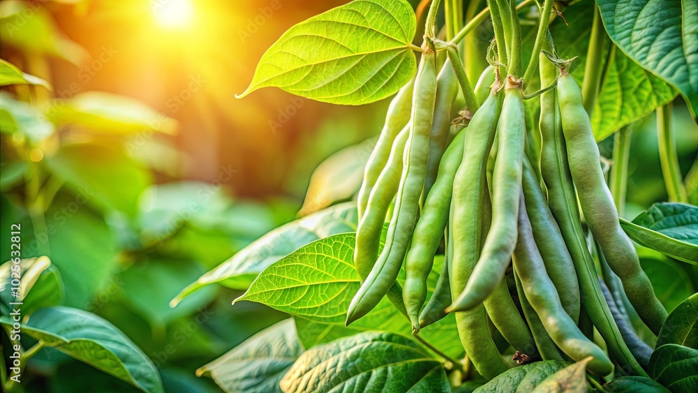 A vibrant cluster of green beans hangs from a vine, illuminated by the warm glow of the setting sun, showcasing nature's bounty in a moment of serene beauty. A vibrant cluster of green beans hangs from a vine, illuminated by the warm glow of the setting sun, showcasing nature's bounty in a moment of serene beauty.
