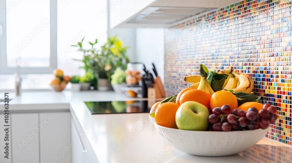 A bowl of fresh fruit on a kitchen counter with a colorful tiled backsplash.