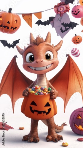 Wallpaper Mural [A dragon child proudly showing off their candy bag with Halloween-themed decorations in the background], on a white background, high resolution, Torontodigital.ca