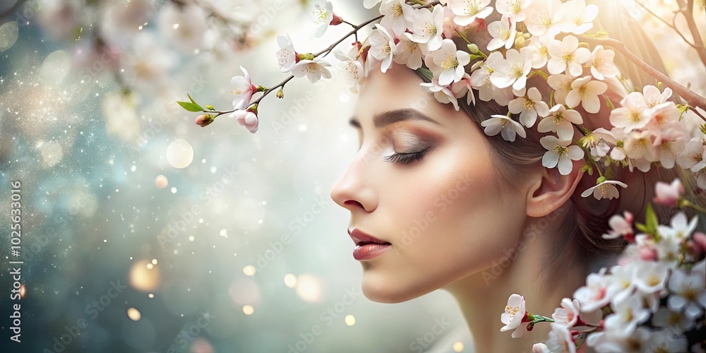 A woman with closed eyes is surrounded by delicate blossoms, bathed in a gentle ethereal glow. A woman with closed eyes is surrounded by delicate blossoms, bathed in a gentle ethereal glow.