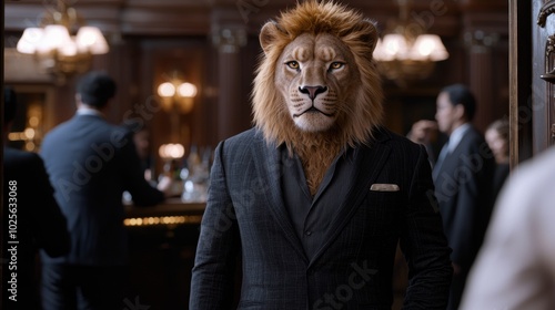 lion in a suit standing in a formal setting