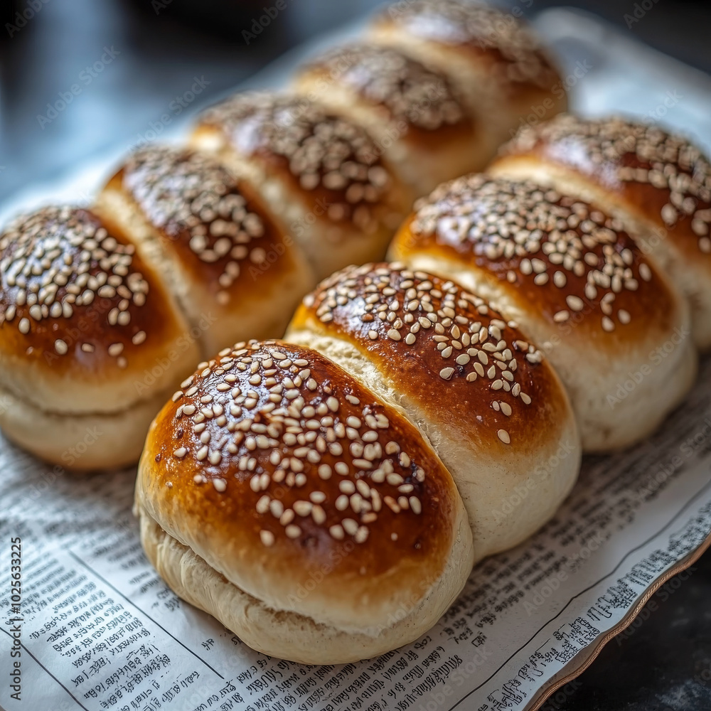 Freshly baked sesame seed buns arranged neatly on newspaper, showcasing their golden brown crust and soft texture. Perfect for sandwiches or as side dish Freshly baked sesame seed buns arranged neatly on newspaper, showcasing their golden brown crust and soft texture. Perfect for sandwiches or as side dish