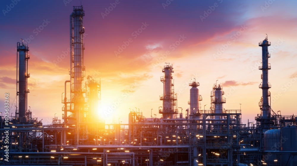 Oil refinery at sunset with a glowing sky and shining metal towers Oil refinery at sunset with a glowing sky and shining metal towers