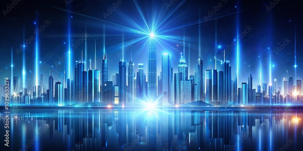 A luminous metropolis bathed in a brilliant blue glow, with futuristic towers reaching towards a celestial starburst, their reflections dancing on the tranquil waters below. A luminous metropolis bathed in a brilliant blue glow, with futuristic towers reaching towards a celestial starburst, their reflections dancing on the tranquil waters below.