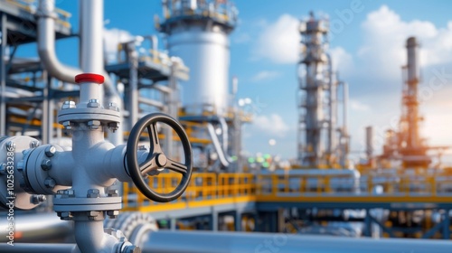 Close-up of oil refinery pipes and valves with large processing units in the background