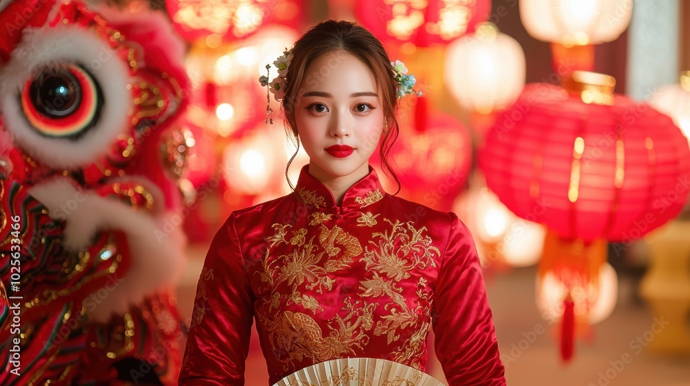 young woman in traditional chinese dress posing in front of red lanterns young woman in traditional chinese dress posing in front of red lanterns