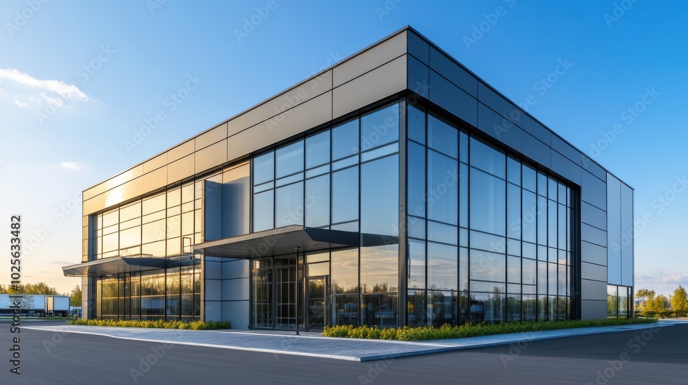 A modern small industrial building with glass windows and a metal facade A modern small industrial building with glass windows and a metal facade