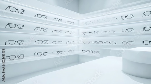 Diverse frames and informational tags featured in a blank 3D optical shop eyewear display mockup.