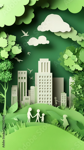 The concept of a green city and environment with a family. paper art and digital craft style.