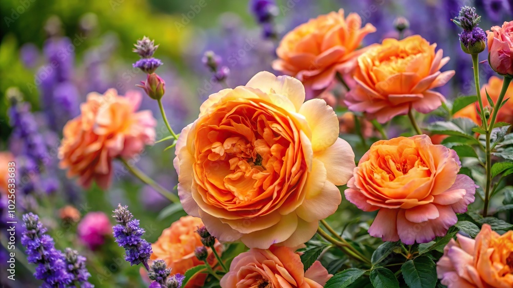 Elizabeth Stuart rose blooming in summer garden, orange multi petal flowers, lavender Massad selection