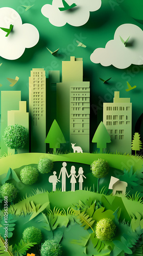 The concept of a green city and environment with a family. paper art and digital craft style.