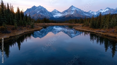 Serene mountain lake reflection at sunset