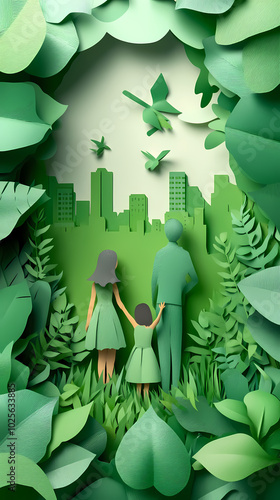 The concept of a green city and environment with a family. paper art and digital craft style.