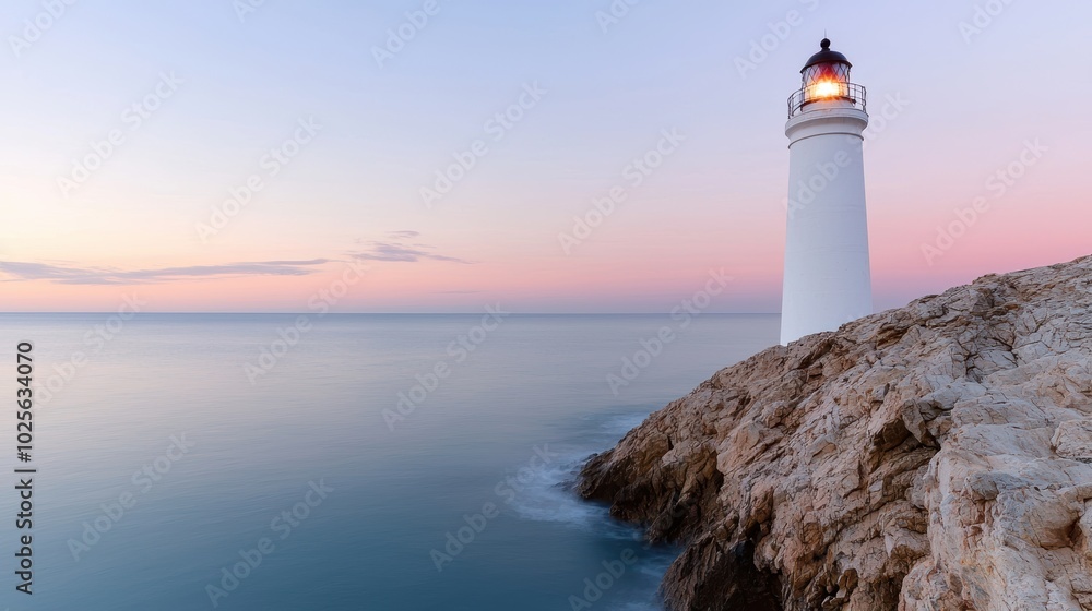 Scenic lighthouse overlooking tranquil ocean at sunset Scenic lighthouse overlooking tranquil ocean at sunset