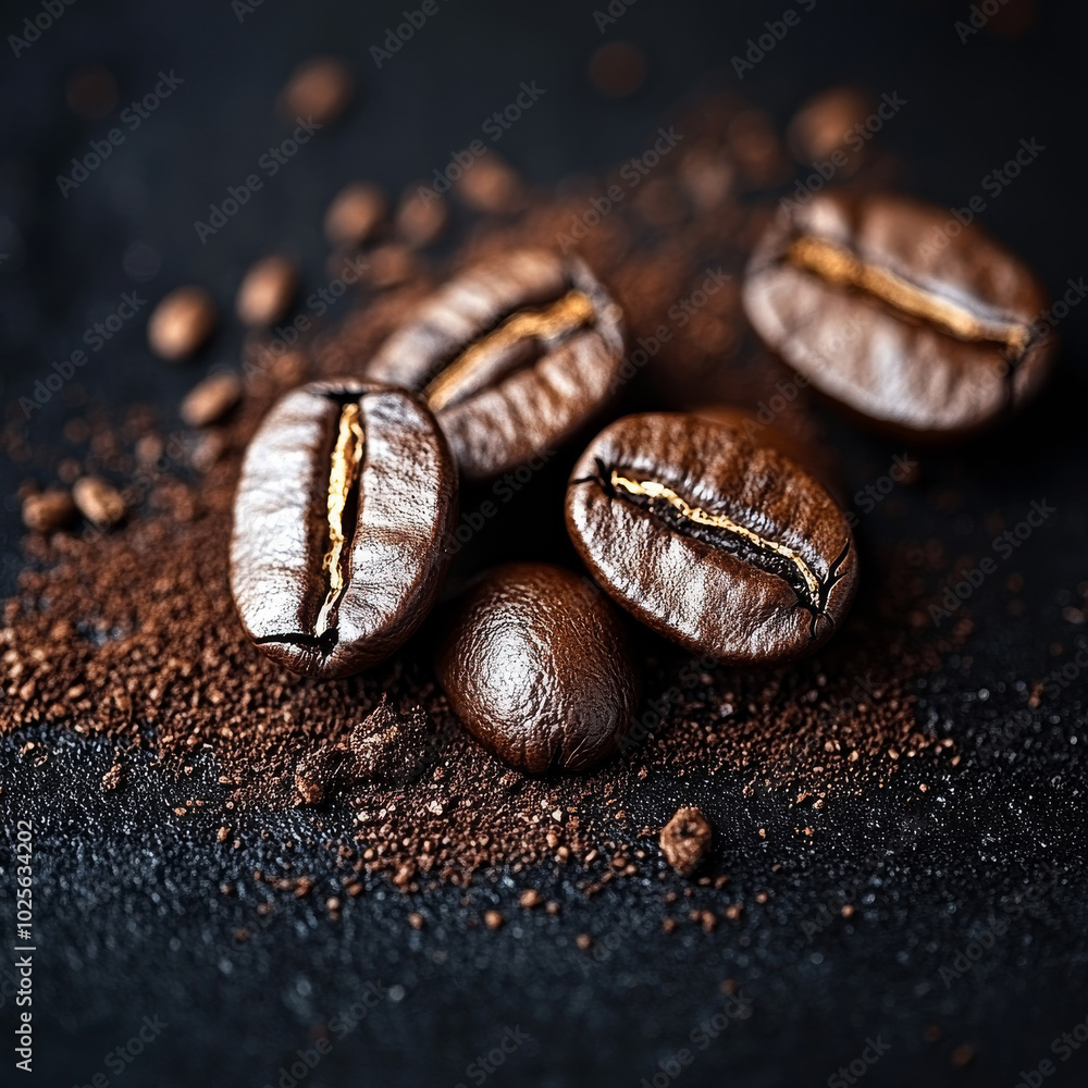Fototapeta premium Rich coffee beans scattered on dark background, showcasing their deep brown color and texture, evoke sense of warmth and comfort