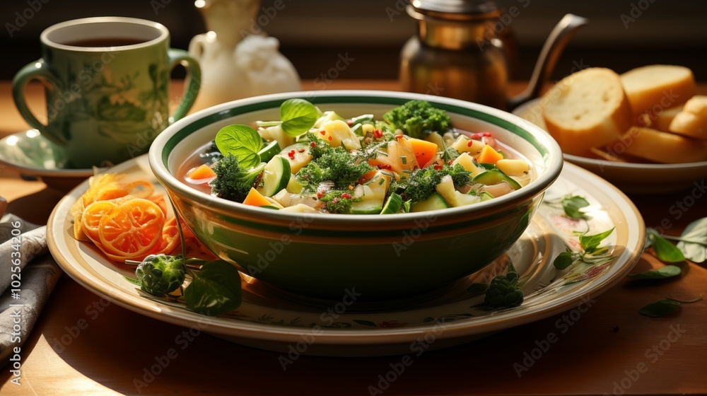Vibrant Vegetable Soup in a Cup Presented on a Contemporary Plate Vibrant Vegetable Soup in a Cup Presented on a Contemporary Plate