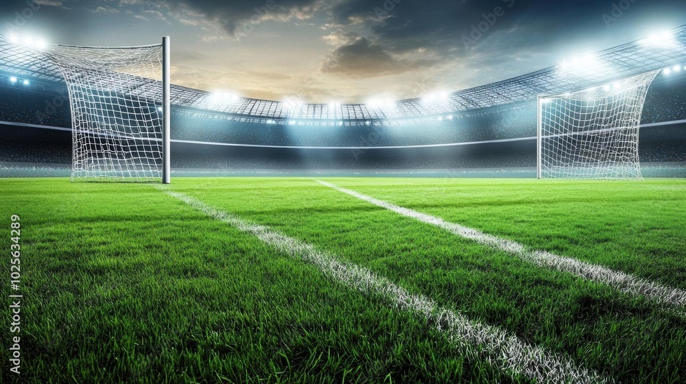 Fototapeta premium Empty Stadium with Goals: Awaiting the Game