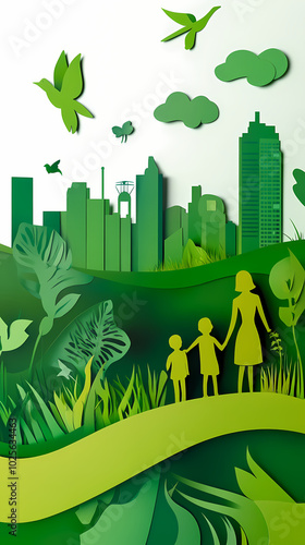 The concept of a green city and environment with a family. paper art and digital craft style.