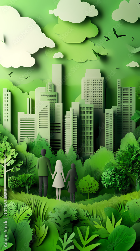 The concept of a green city and environment with a family. paper art ...