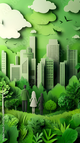 The concept of a green city and environment with a family. paper art and digital craft style.