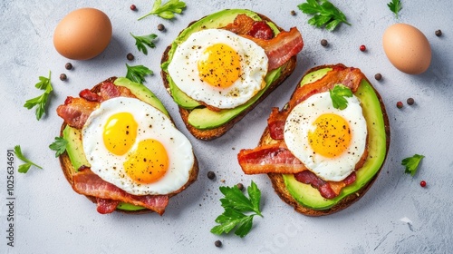 Avocado toast with a poached egg, bacon bits, and fresh parsley on a sleek white plate