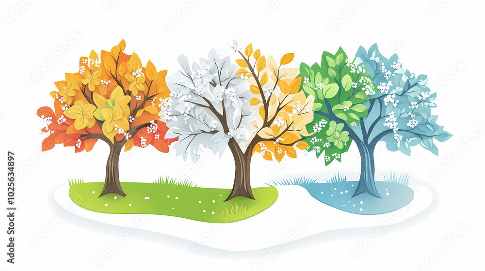 Obraz premium Tree isolated on white background, spring with flowers, summer with green leaves, autumn with yellow leaves, and winter with snow. Concept of nature and environment in paper cut cartoon style
