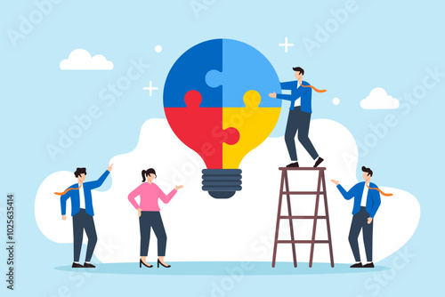 Flat illustration of business people collaborate to build lightbulb ideas representing teamwork for company success