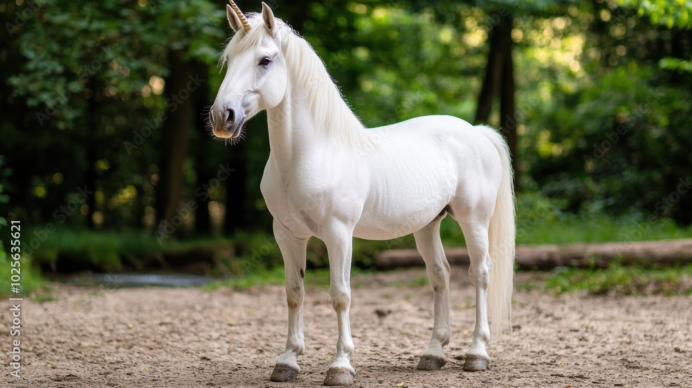 Majestic white horse standing in forest Majestic white horse standing in forest