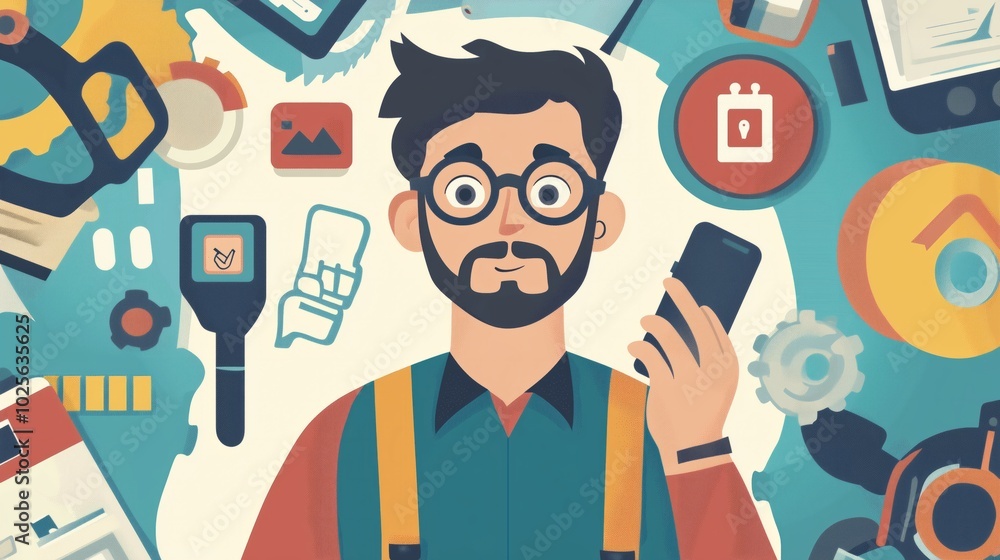 Technical support flat illustration. Man with icons. Technical support flat illustration. Man with icons.