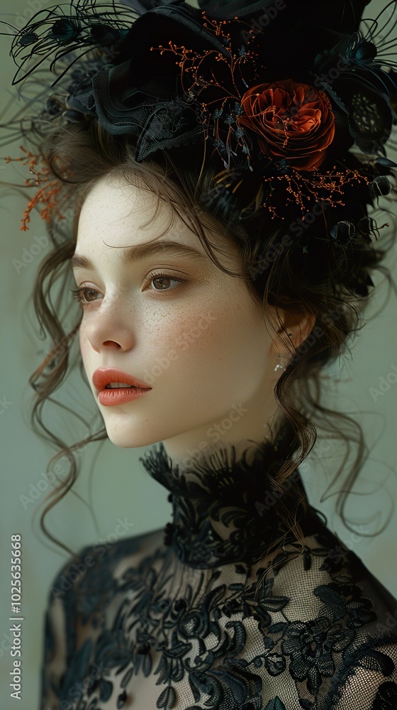 Fototapeta premium Elegant Woman in Black Lace Dress with Floral Crown