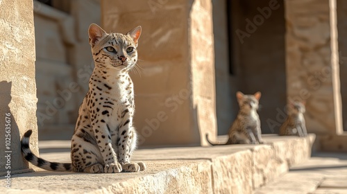 spotted cat sitting on a ledge