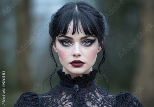 Mysterious woman with dark makeup and intense gaze