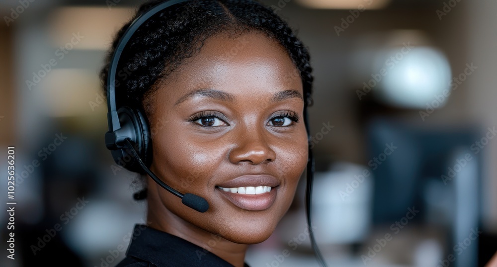 smiling woman with headset in office smiling woman with headset in office